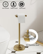WZKALY Toilet Paper Holder Stand, Brushed Brass Toilet Paper Holder Free Standing, Post Pivoting Design & Stable Weighted Base SUS304 Stainless Steel for Bathroom(Mega Roll)
