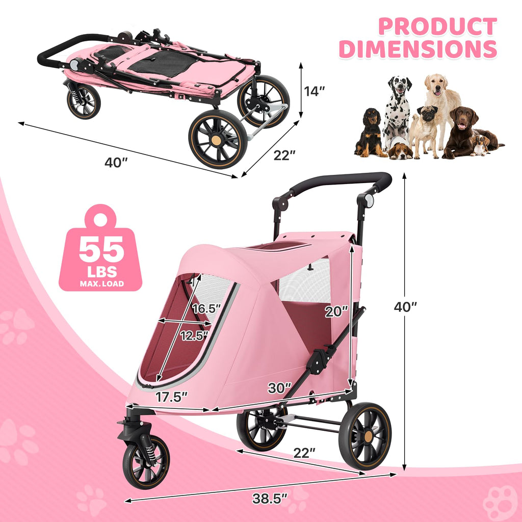 Magshion Pet Stroller for Medium Dogs w/Adjustable Handle, 3-Wheel Dog Cat Wagon w/Dual Entry, Rear Storage, Breathable Mesh, One-Foot Brake, Ideal for Large Pets up to 55 lbs, Pink