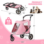 Magshion Pet Stroller for Medium Dogs w/Adjustable Handle, 3-Wheel Dog Cat Wagon w/Dual Entry, Rear Storage, Breathable Mesh, One-Foot Brake, Ideal for Large Pets up to 55 lbs, Pink