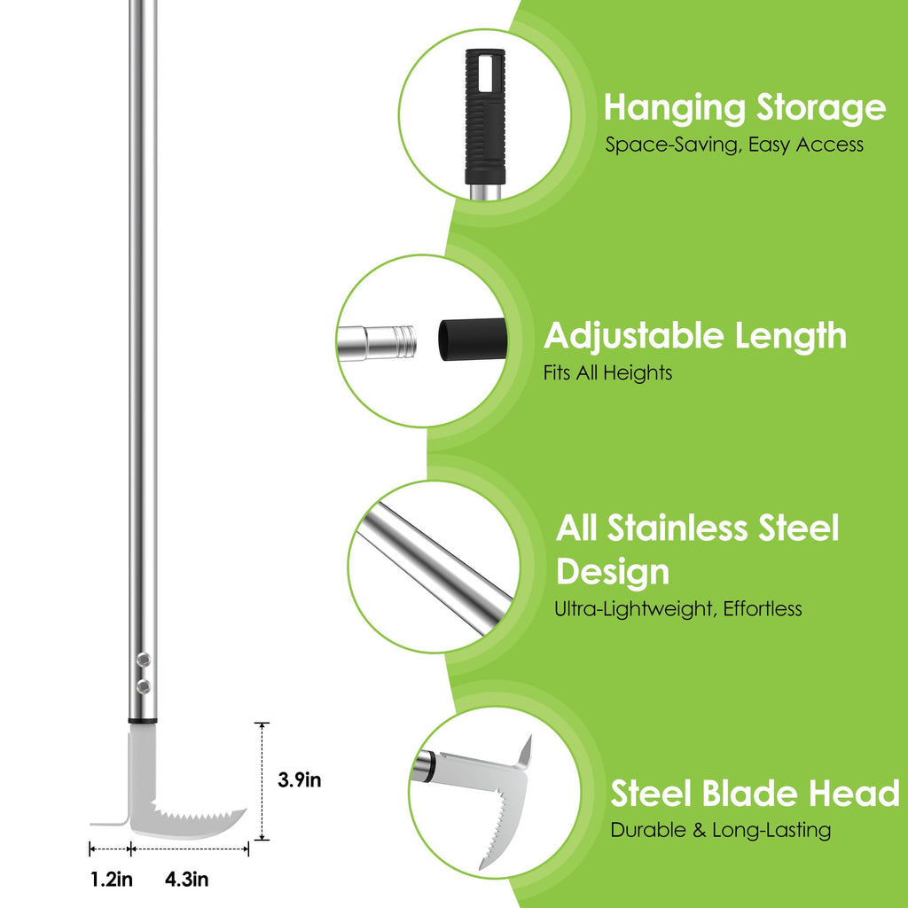 PadPure Crack Weeder Tool, 20-65" Adjustable Stainless Steel Long Handle Crevice Weeding Tool Heavy Duty L-Shaped Manual Garden Weed Puller & Remover for Sidewalk, Garden, Patio, Lawn
