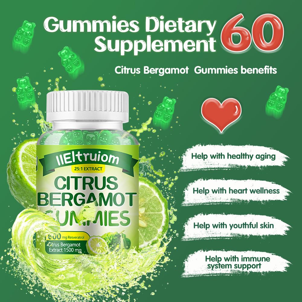 IIEltruiom Citrus Bergamot 1500mg, Citrus Bergamot Gummies for Healthy Cholesterol, Bergamot Supplements 25:1 Extract from Italy Bergamot, Resveratrol & Niacin - Natural Vegan 60 Gummies