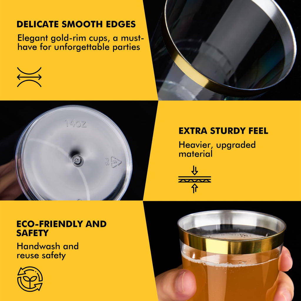 RACETOP 100 Pack 14oz Gold Rimmed Plastic Cups, Heavy Duty Disposable Glasses, Elegant Gold Rimmed Disposable Hard Cups for Party, Thanksgiving, Wine Taesting, Birthday and Christmas.