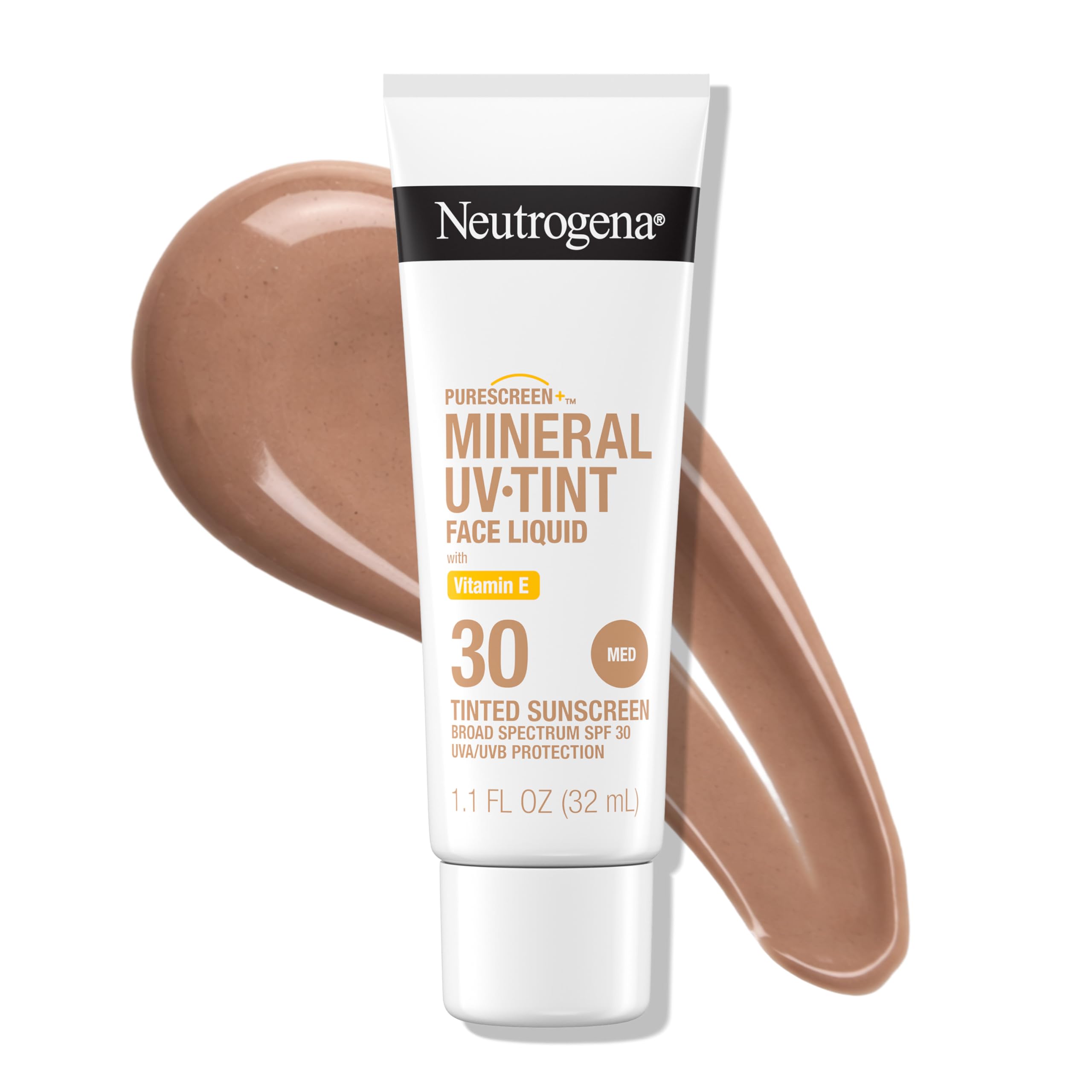 Neutrogena Purescreen+ Tinted Sunscreen for Face with SPF 30, Broad Spectrum Mineral Sunscreen with Zinc Oxide and Vitamin E, Water Resistant, Fragrance Free, Medium, 1.1 fl oz
