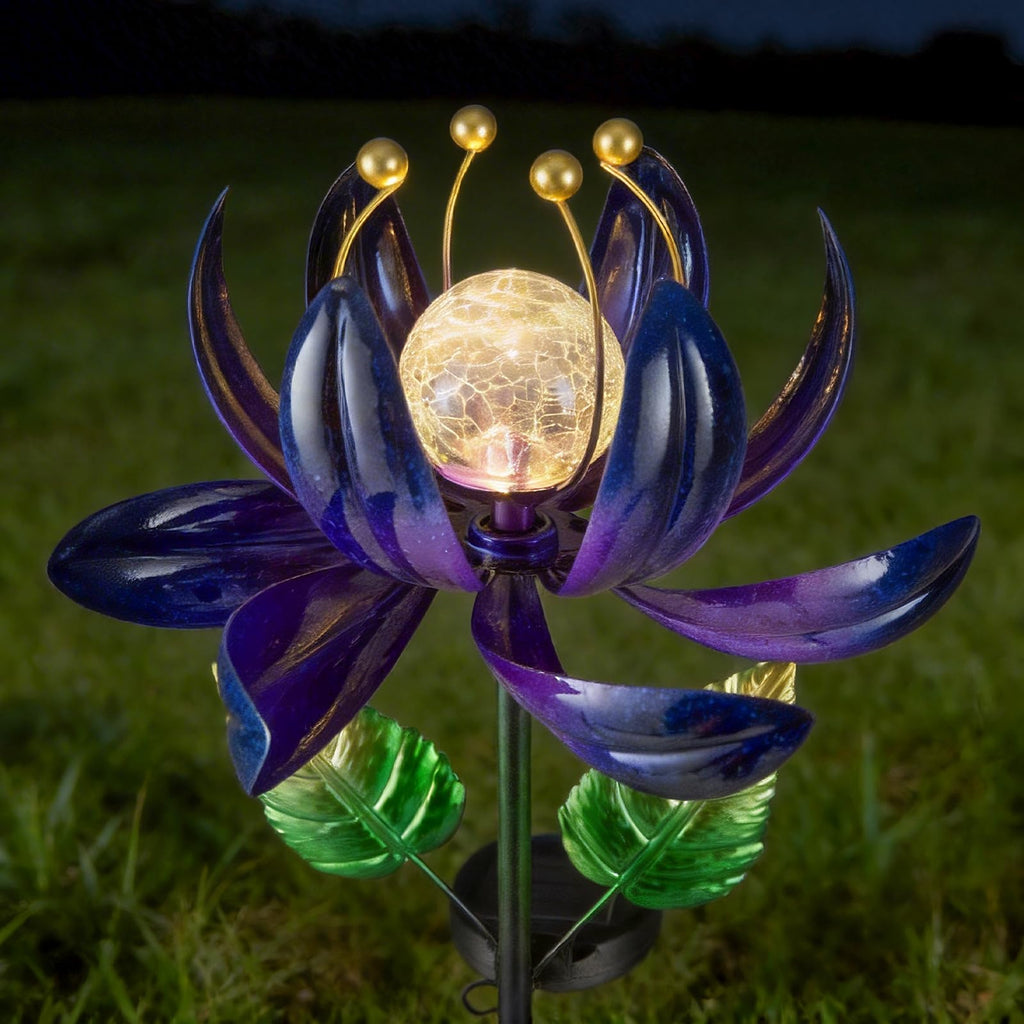 AIINY Solar Purple Metal Flower Wind Spinners, Colorful Spinning Windmill Lotus Yard Art Lights Wind Pinwheels with LED Crystal Ball Decorative Stake Lighting Flower Sculpture
