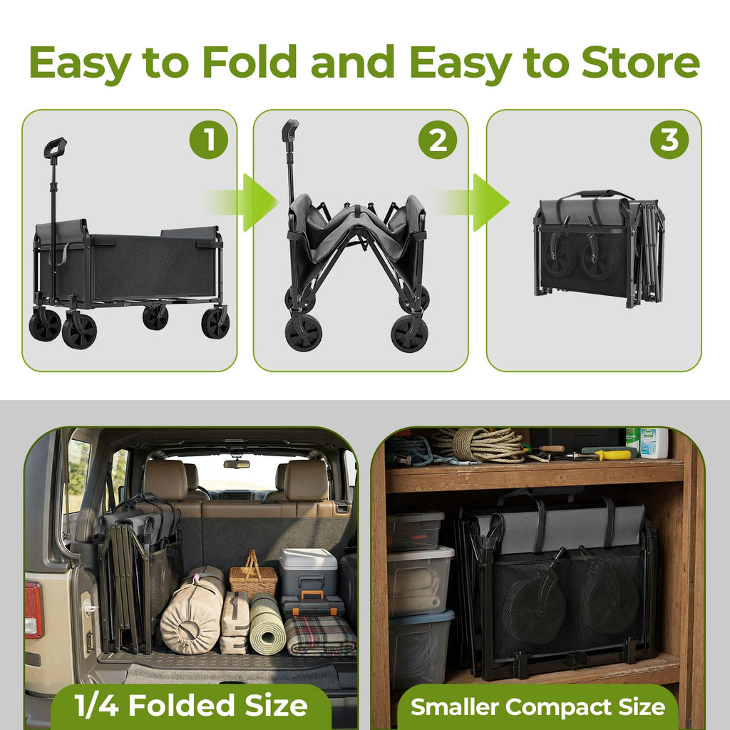 Aimnny Wagons Carts Foldable, Lightweight Collapsible Utility Wagon-220LBS Capacity One-Side Full Zipper, Side Load No Lifting for Light Camping, Grocery, Shopping, Sports & Apartment Moving (Black)