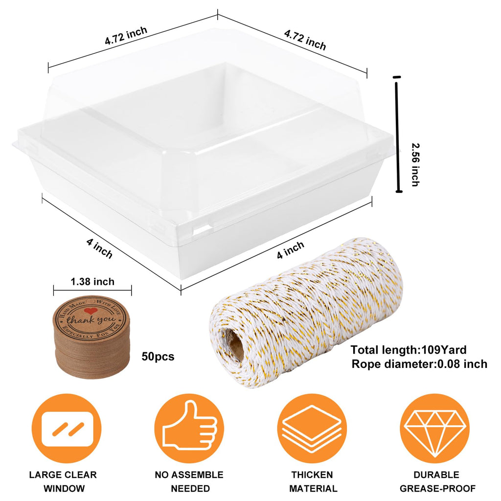 Kosotody 50 Pack Charcuterie Boxes with Clear Lids, 4 Inches White Oil-Proof Kraft Paper Food Containers Bakery Boxes for Sandwich, Cookies, Hot Cocoa, Cupcakes and Strawberries(White)