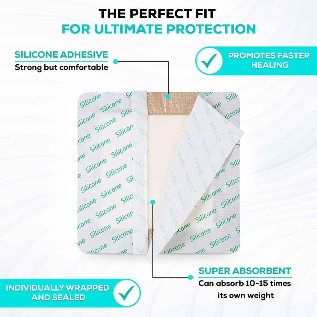 MedVance 10 Pack 4"x4" Silicone Foam Dressing Bordered Dressing, Waterproof Silicone Bandages for Wounds Care, Bed Sore Patches, Super Absorbent Wound Dressing, Self Adhesive Pressure Sore Pads