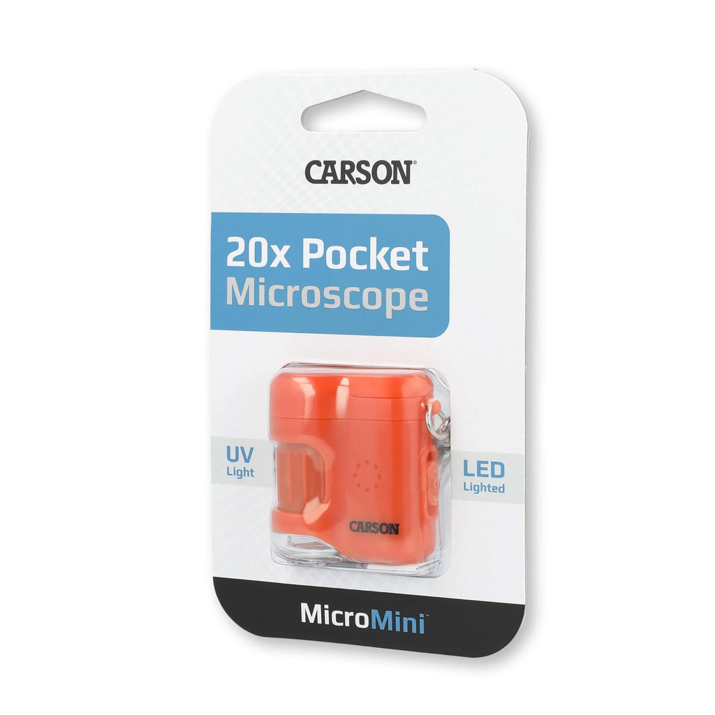 Carson MicroMini 20x Lighted Compact Pocket Microscope, UV and LED Flashlight, Orange (MM-280O)