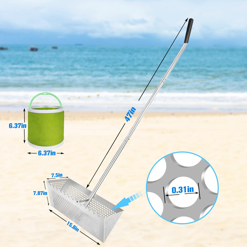 Sand flea rake - 304 Stainless Steel Pro 15.8 Inches Wide Basket Sand Sifter , Curved Handle Design Collapsible Sand Fleas Catcher for Travelling