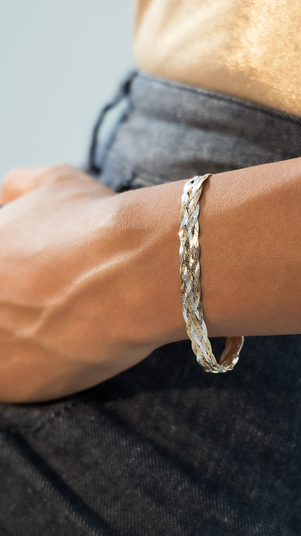 Miabella Italian 925 Sterling Silver, Tri-Color 18K Gold Plated 6-Strand Diamond-Cut 7mm Braided Herringbone Chain Bracelet for Women, Made in Italy (Tri-Color, Length 6.5 Inch)