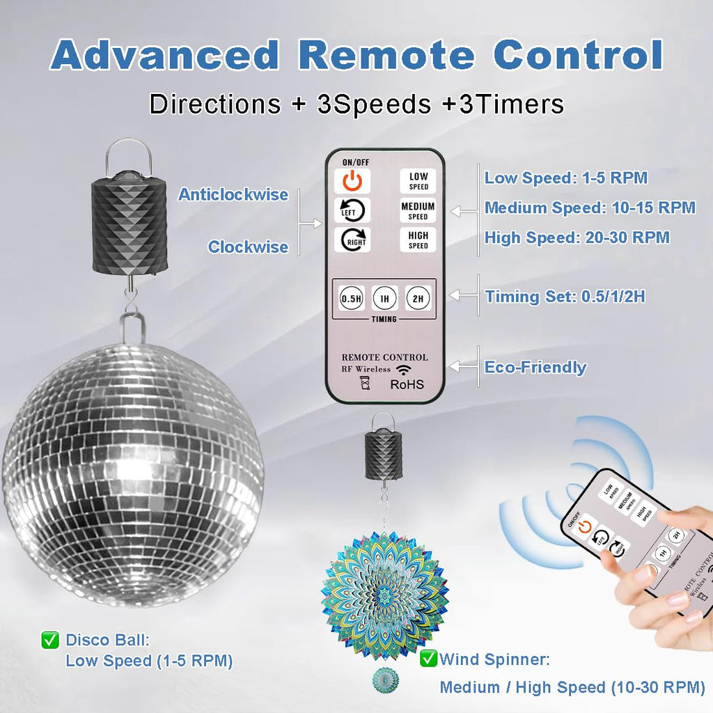 Disco Ball Motor with Remote, 1-30 RPM 3 Speeds & 2-Way Rotation,12LBS Capacity, 0.5/1/2H Timing for 6-20" Mirror Ball, Battery Operated Slow Control Wind Chime Spinner for Baby Crib Mobile Decor