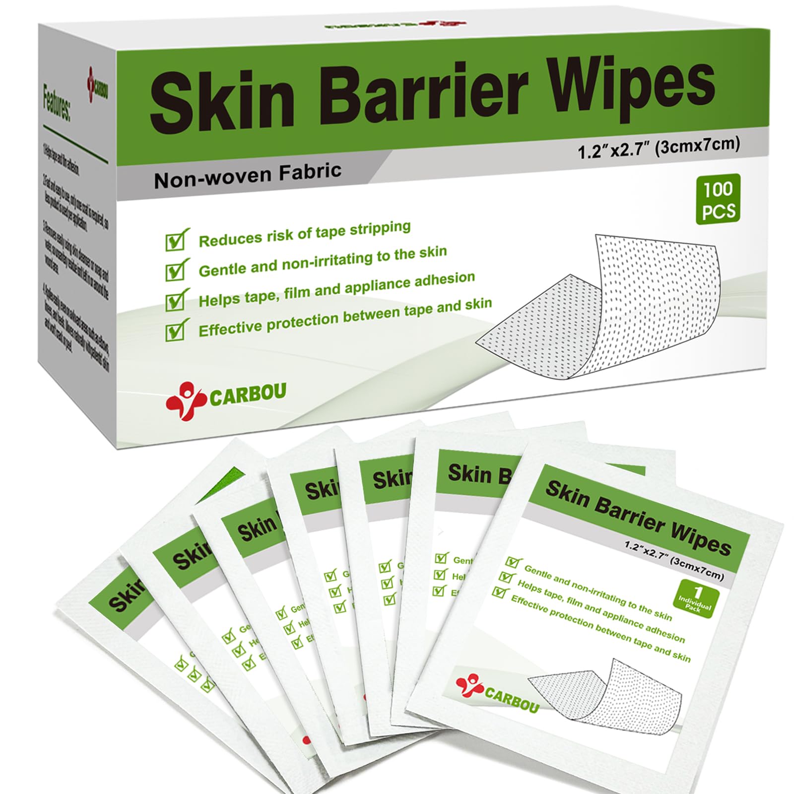 Carbou Skin Barrier Wipes - 100Pcs Skin Prep Wipes - Skin Adhesive Wipes to Create the Barrier Film Between Skin and Attachments, Ostomy Protective Wipes to Increase the Adhesive