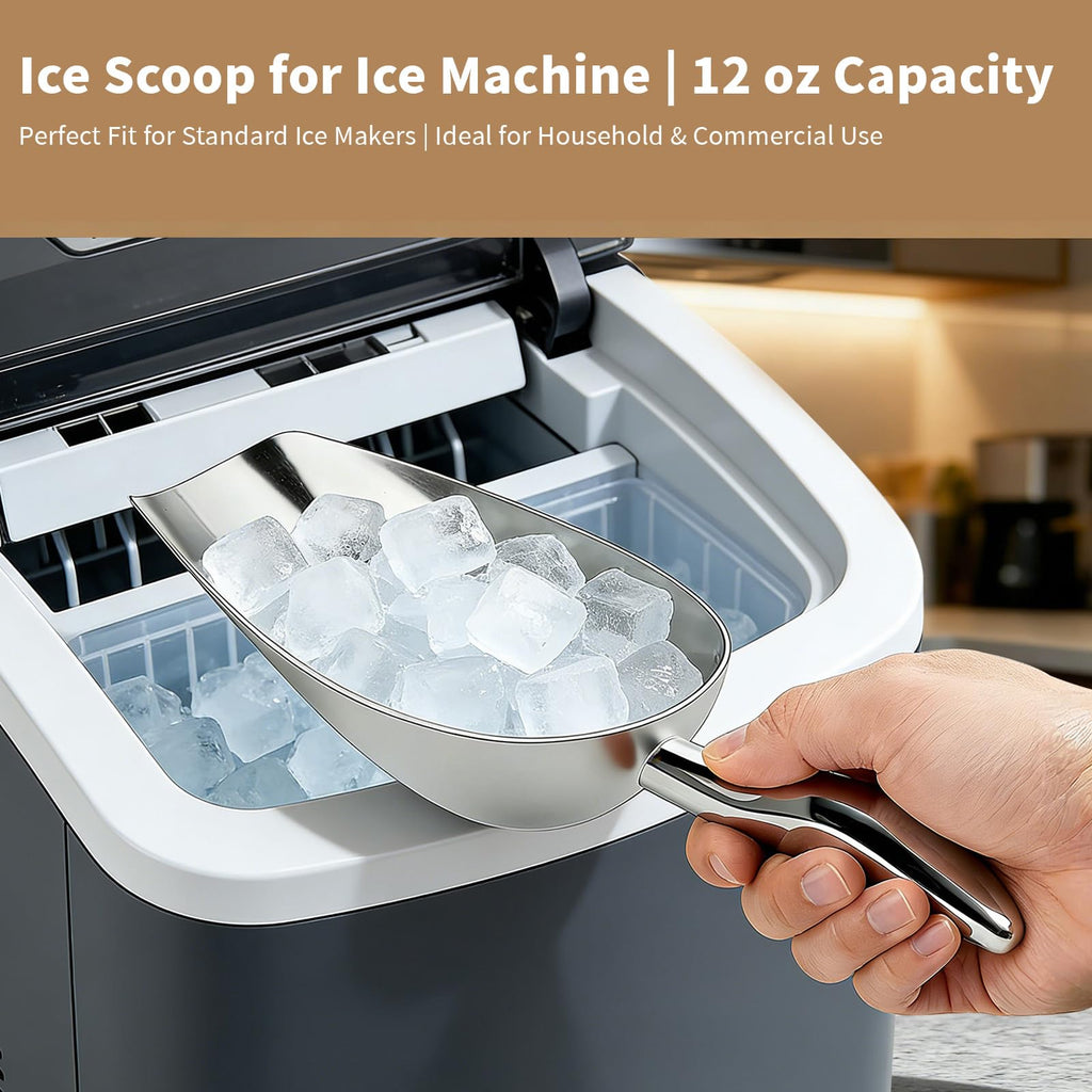 12 Oz 304 Stainless Steel Ice Scoop for Freezer & Ice Machine 2 Pack– Heavy Duty Metal Scooper, Dishwasher Safe, Multi-Purpose for Kitchen, Bar, Party, Wedding (Ice,Dry Goods) (Polished silver)