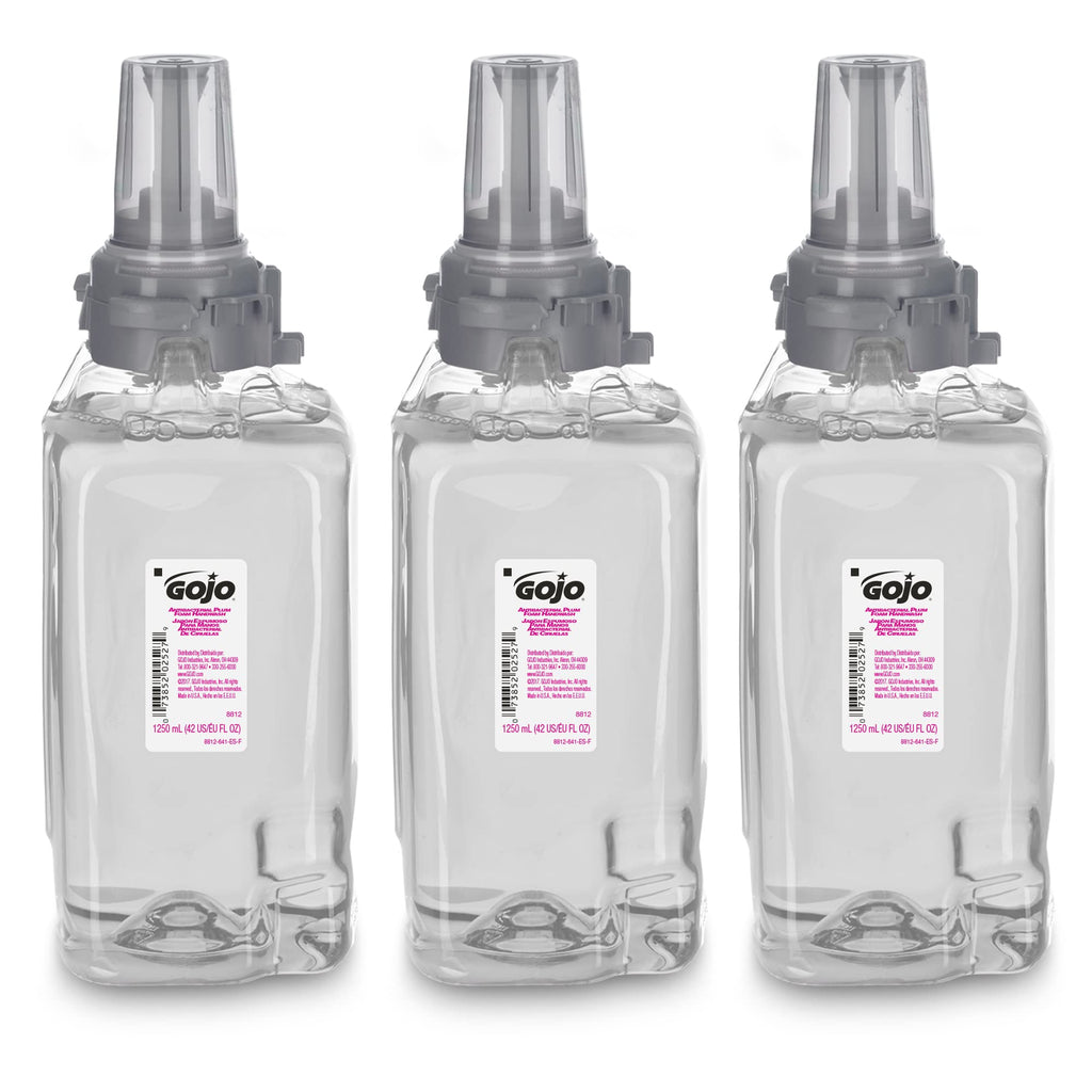 GOJO Antibacterial Foam Handwash, Plum Fragrance, 1250 mL Soap Refill ADX-12 Touch-Free Dispenser (Pack of 3) - 8812-03