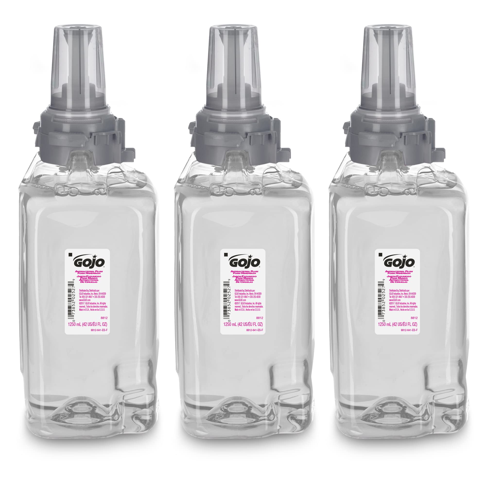 GOJO Antibacterial Foam Handwash, Plum Fragrance, 1250 mL Soap Refill ADX-12 Touch-Free Dispenser (Pack of 3) - 8812-03