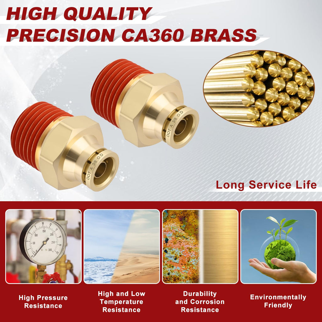 Boeray 3/8" Quick Push to Connect Fittings Brass Union Straight Joint DOT Approved 3/8" Tube OD x 1/2" NPT Thread Air Line Adapter Air Suspension Kit for Truck Trailers and Air Brake System 4pcs