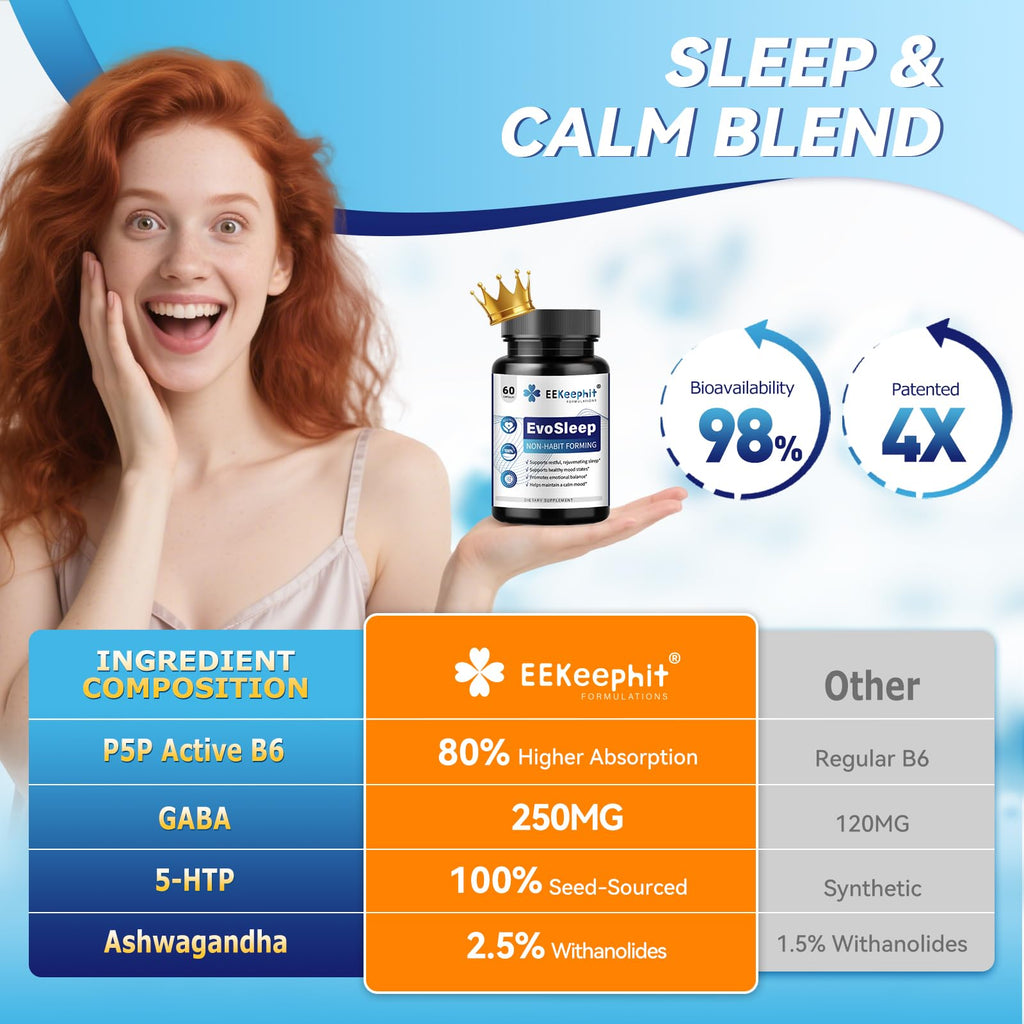 EEKEEPHIT 6 in 1 Melatonin-Free Sleep Aid Sleep Complex with Ashwagandha, GABA, L-Theanine & 5-HTP, VIT B6(P5P) for Adults, Supports Deep Relaxation, 30 Vegan Capsules