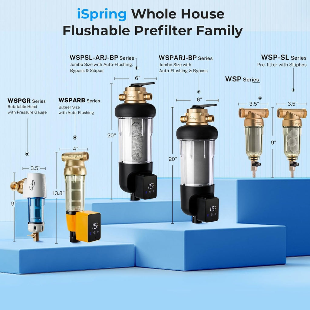 iSpring WSP-50 Spin Down Sediment Water Filter, Whole House Reusable Flushable Prefilter for Well Water, 50-Micron, 1" MNPT + 3/4" FNPT, Lead-Free Brass
