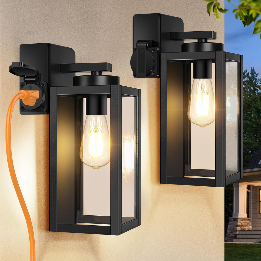 BesLowe 2-Pack Porch Lights Outdoor with UL Certified Outlet, Modern Outdoor Wall Lights Exterior Lighting Fixtures Waterproof, Exterior Wall Sconces Outside Lights for House Front Door Garage, Black