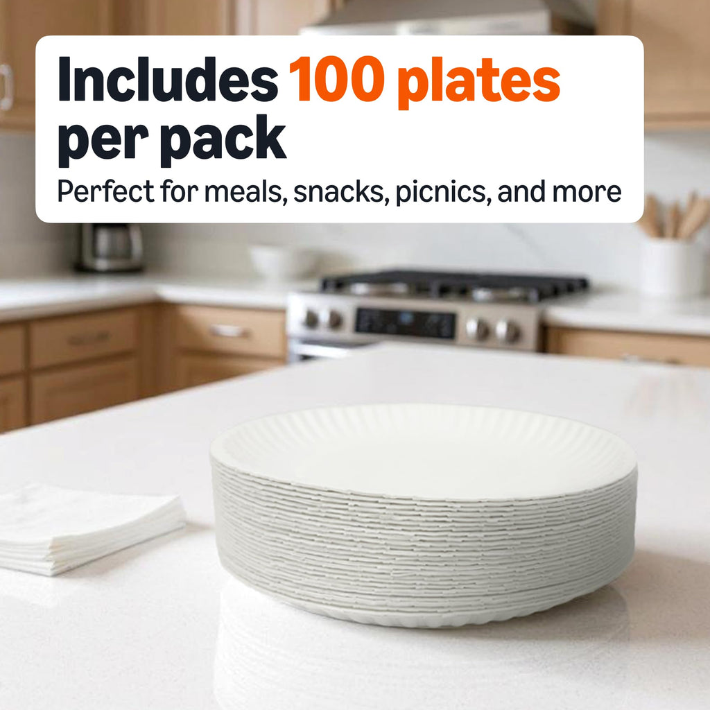 Amazon Basics 9" Uncoated White Paper Plates, Microwave Safe, 100 Count