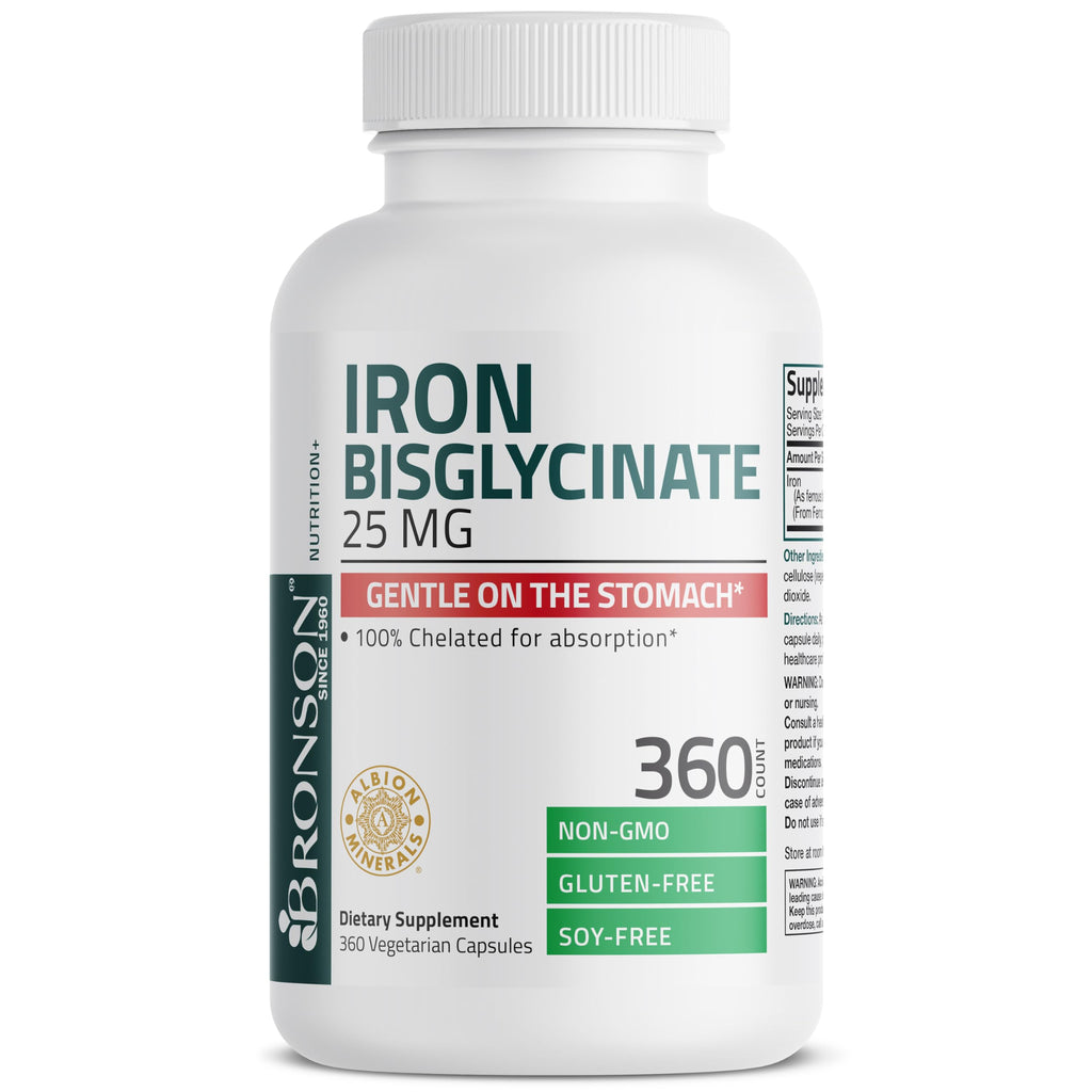 Bronson Iron Bisglycinate 25 mg Gentle on The Stomach, Supports Energy & Healthy Red Blood Cell Production - Non-Constipating Formula - Non GMO, 360 Vegetarian Capsules