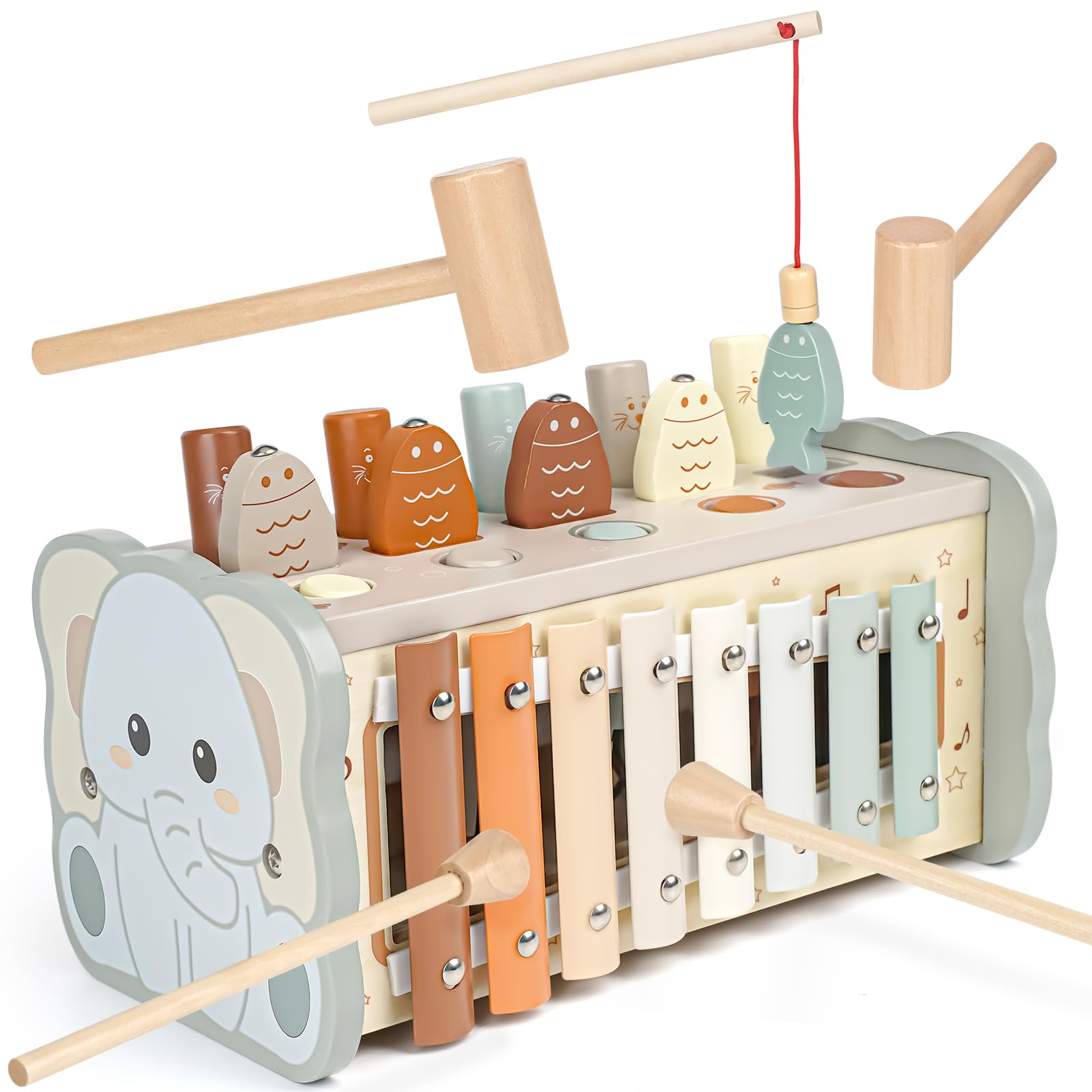 Joyreal Wooden Montessori Toys for 1 Year Old - Hammering Pounding Toy with Xylophone & Fishing Game - Educational Toddler Activities for 1 2 3 Year Old Christmas Birthday Gifts
