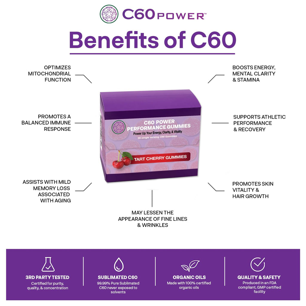 C60 Power C60 Gummies - Natural Wellness & Antioxidant Support for Men & Women, 99.99% Pure Sublimated Carbon Fullerenes, Promotes Energy, Mental Clarity, & Stamina - 30 Count