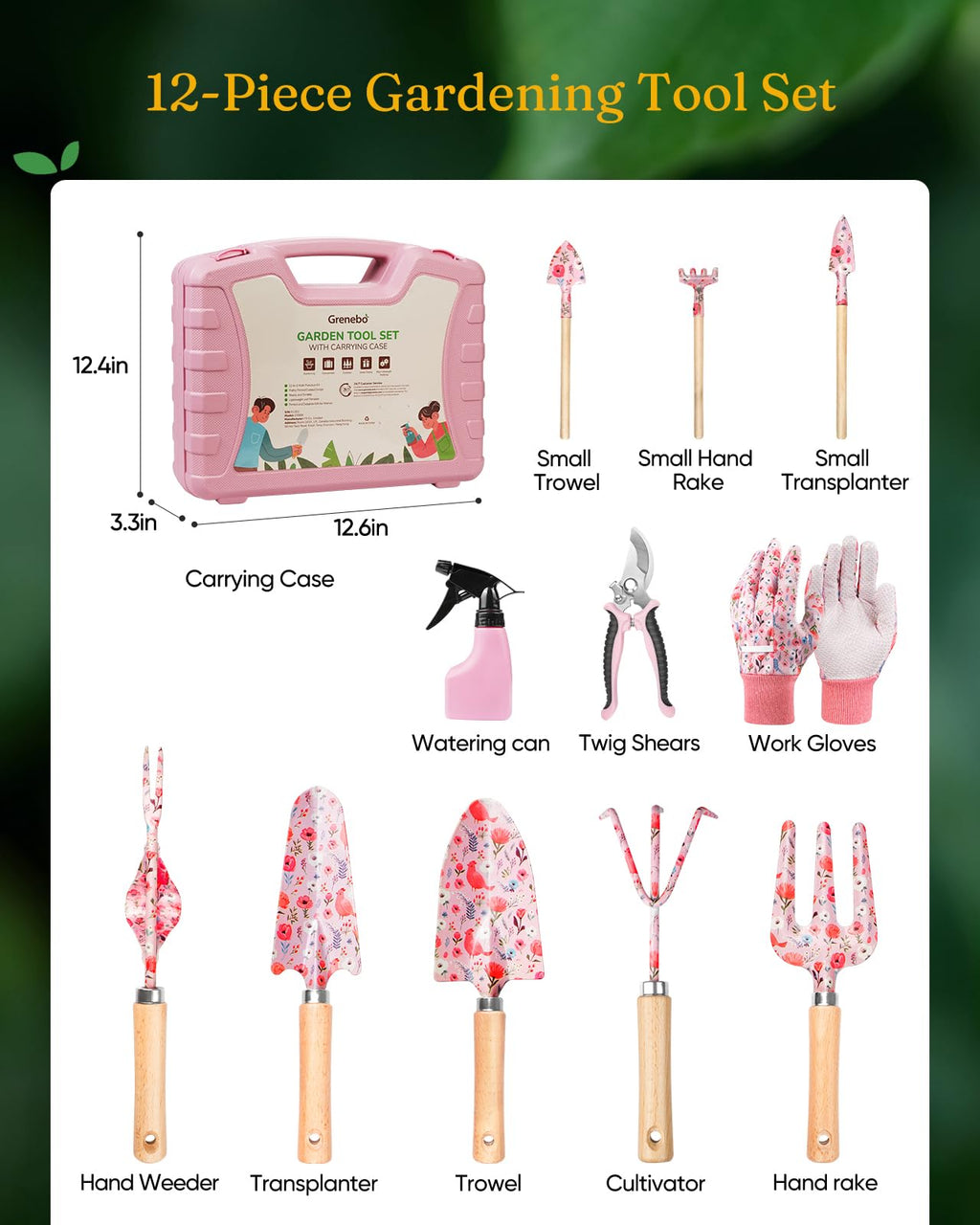 Grenebo 12-Piece Gardening Tool Set, Heavy-Duty Garden Tools for Women