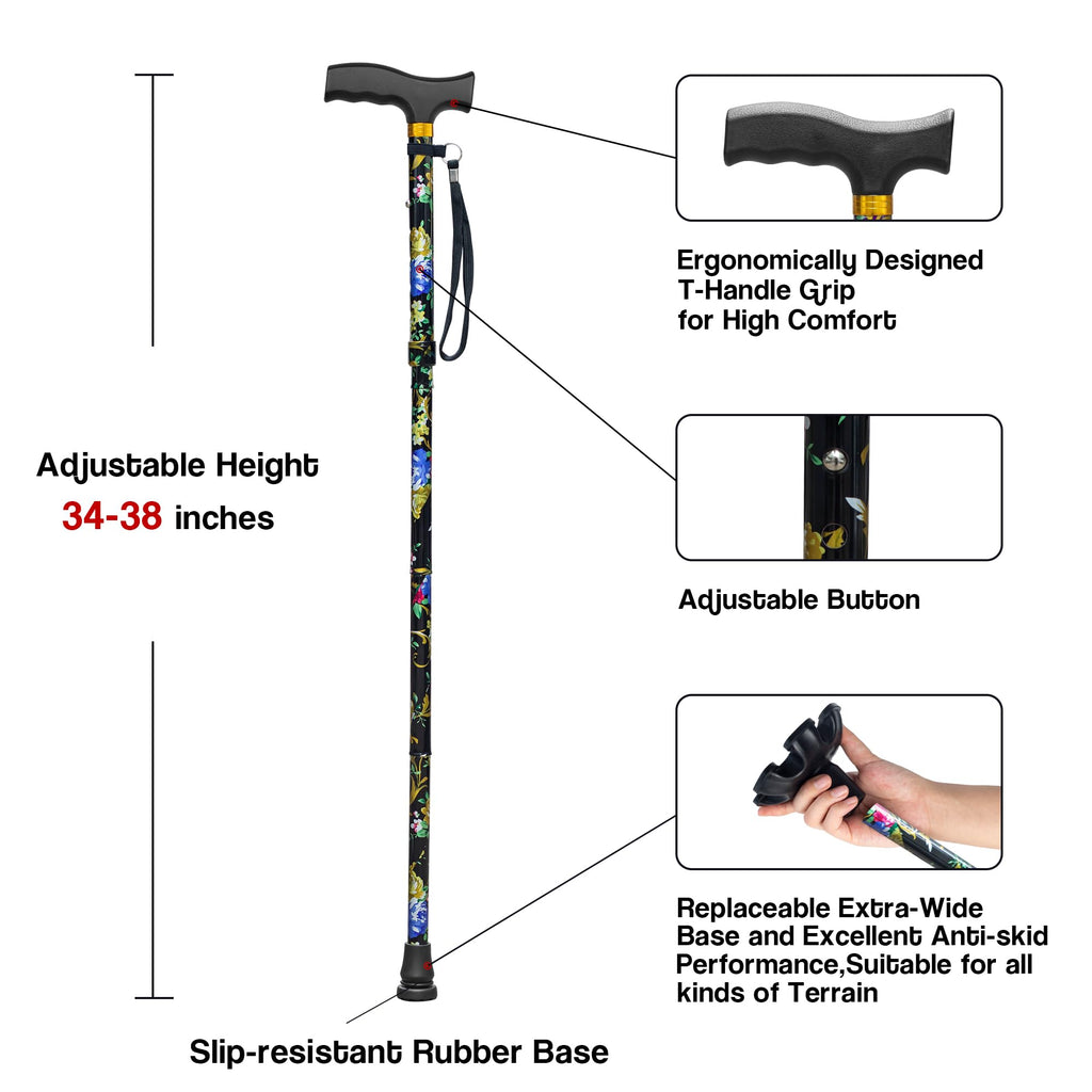 LIXIANG Walking Cane with Replacement Base-Folding Cane,Adjustable Colorful Walking Stick for Men & Women with Comfortable T-Handle,Stylish Balancing Mobility Aid,Black Flower