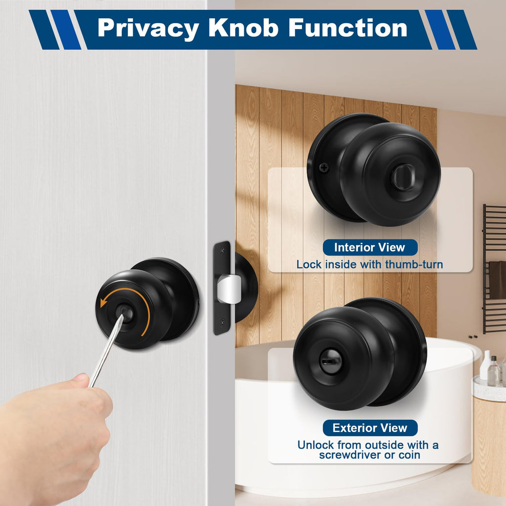 Estmoon 6 Pack Door Knobs, Matte Black Privacy Door Knob with Lock, Keyless Door Handle with Lock for Bedrooms/Bathrooms