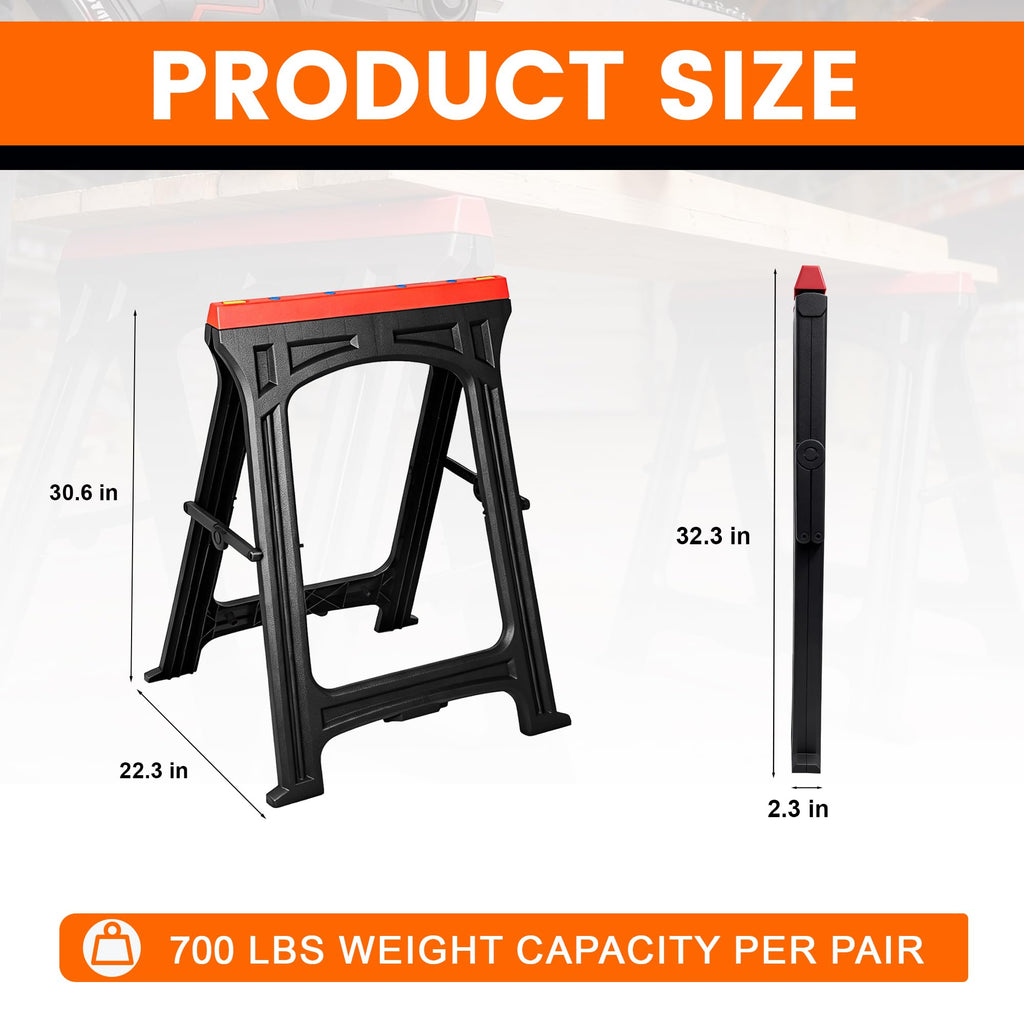 ZYJOYY Saw Horses 2 Pack, Folding Plastic Sawhorse, 700 LBS/Pair Capacity, 2.3" Folded for Easy Carry & Storage