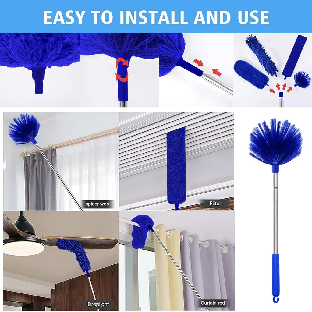 Tiumso Ceiling Fan Cleaner Dusters for Cleaning 6-in-1 Kit, Cobweb Duster with Extension Pole, 100 Inches High Ceiling Fan Blade Cleaners with 5 Reuseable Dusting Heads for Windows and Blinds- Blue