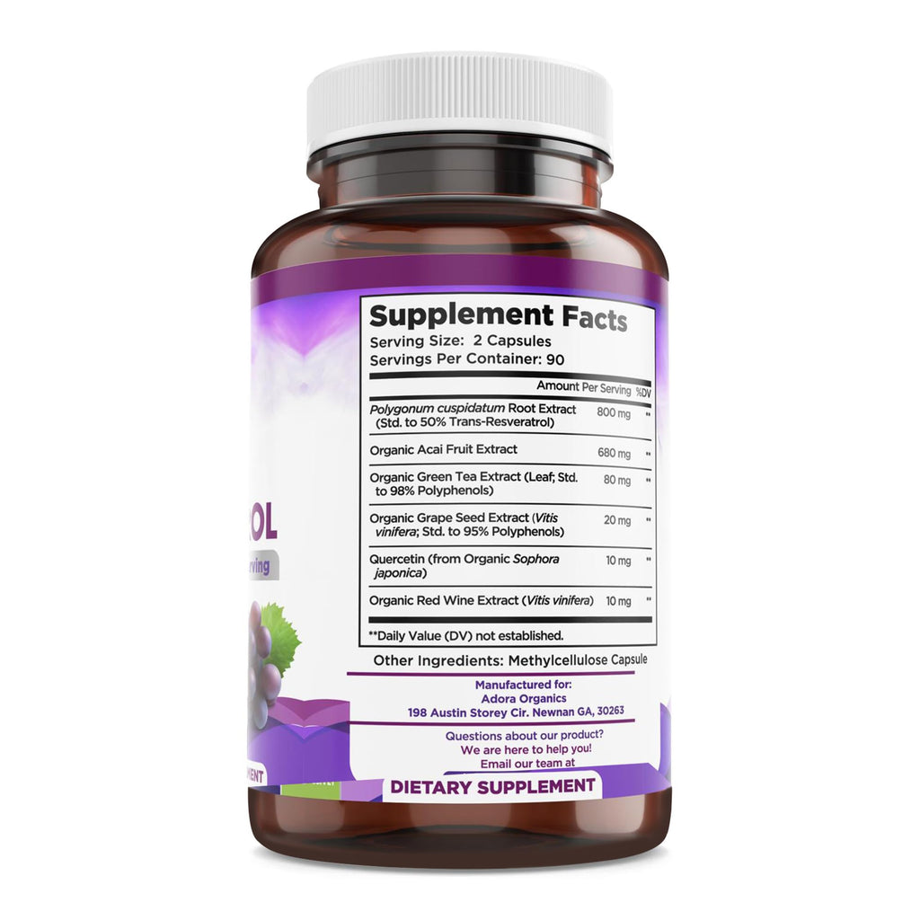 Resveratrol 1600mg - 180 Capsules | Trans-Resveratrol Antioxidant Supplement with Natural Green Tea, Grape Seed Polyphenols & Quercetin, Supports Digestive, Heart Health, Immune System, Brain Function