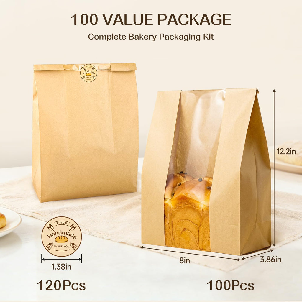 Tripho 100 Pcs Bread Bags for Homemade Bread with Clear Window & 120 Stickers, Sourdough Bread Bags for Storage of Bread,Cookies & Snacks, Large Bakery Paper Bags