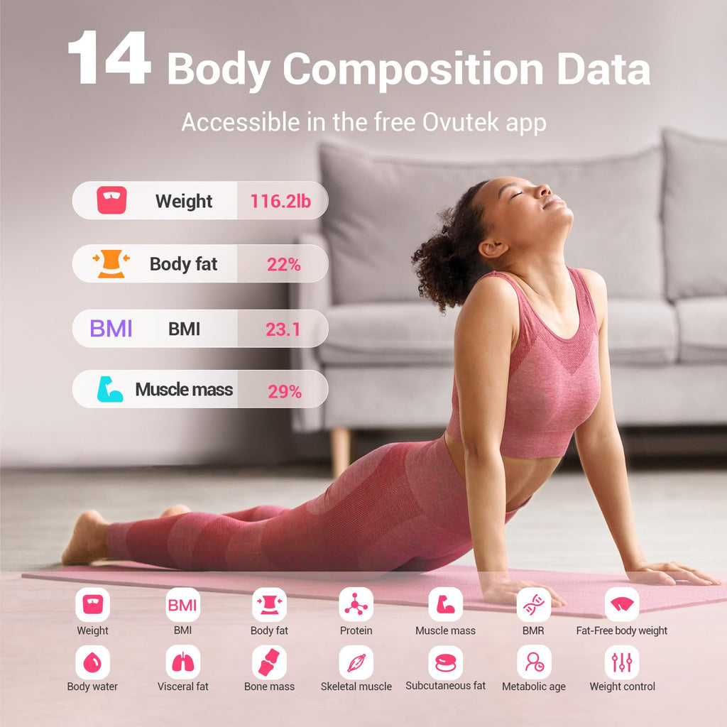 Ovutek Smart Scale for Body Weight, Digital Bathroom Scale BMI Weighing Body Fat Scale, Accurate Body Composition Scale Monitor for People's Health with Smartphone App, Compact Size, 400lb (Pink)