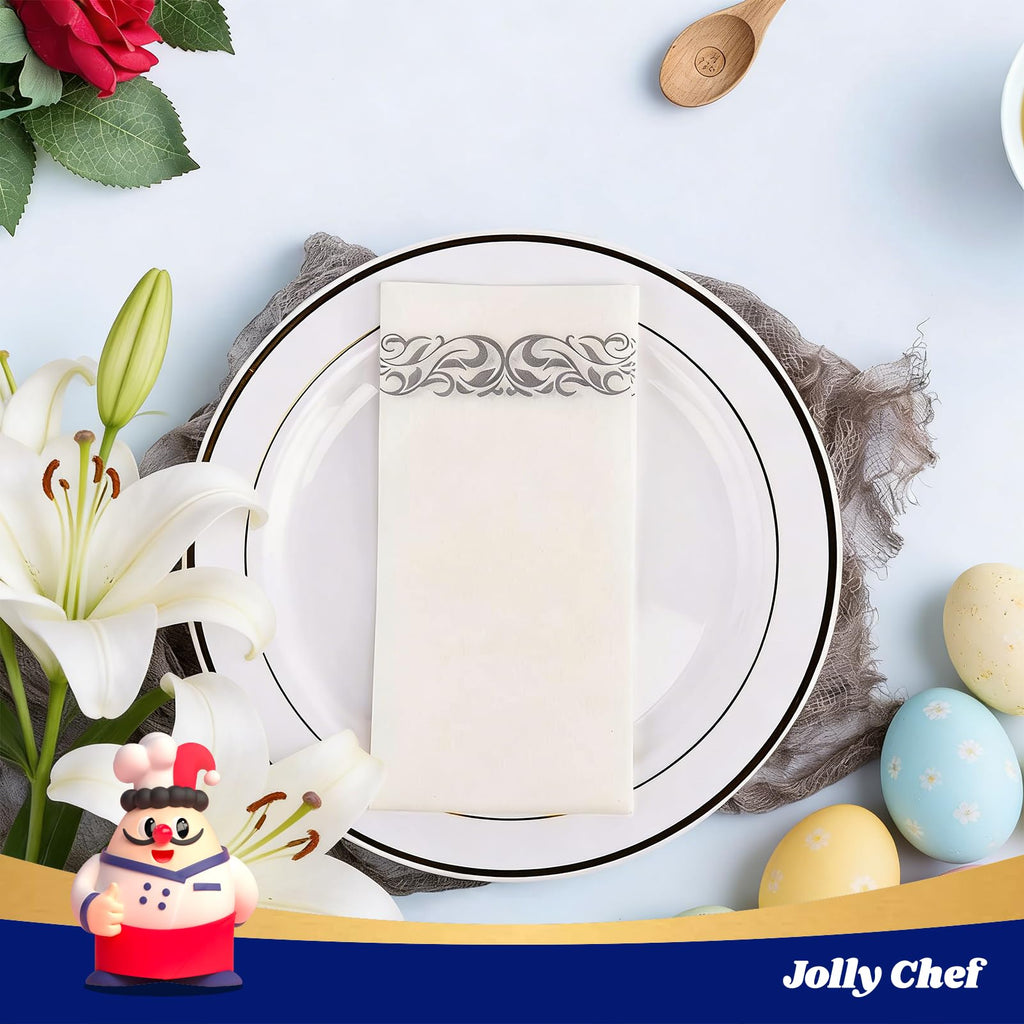 JOLLY CHEF 100 Disposable Hand Towels, Soft and Absorbent Linen Feel Dinner Napkin, Elegant Decorative Paper Guest Towels for Kitchen, Bathroom, Weddings, Parties, Silver and White