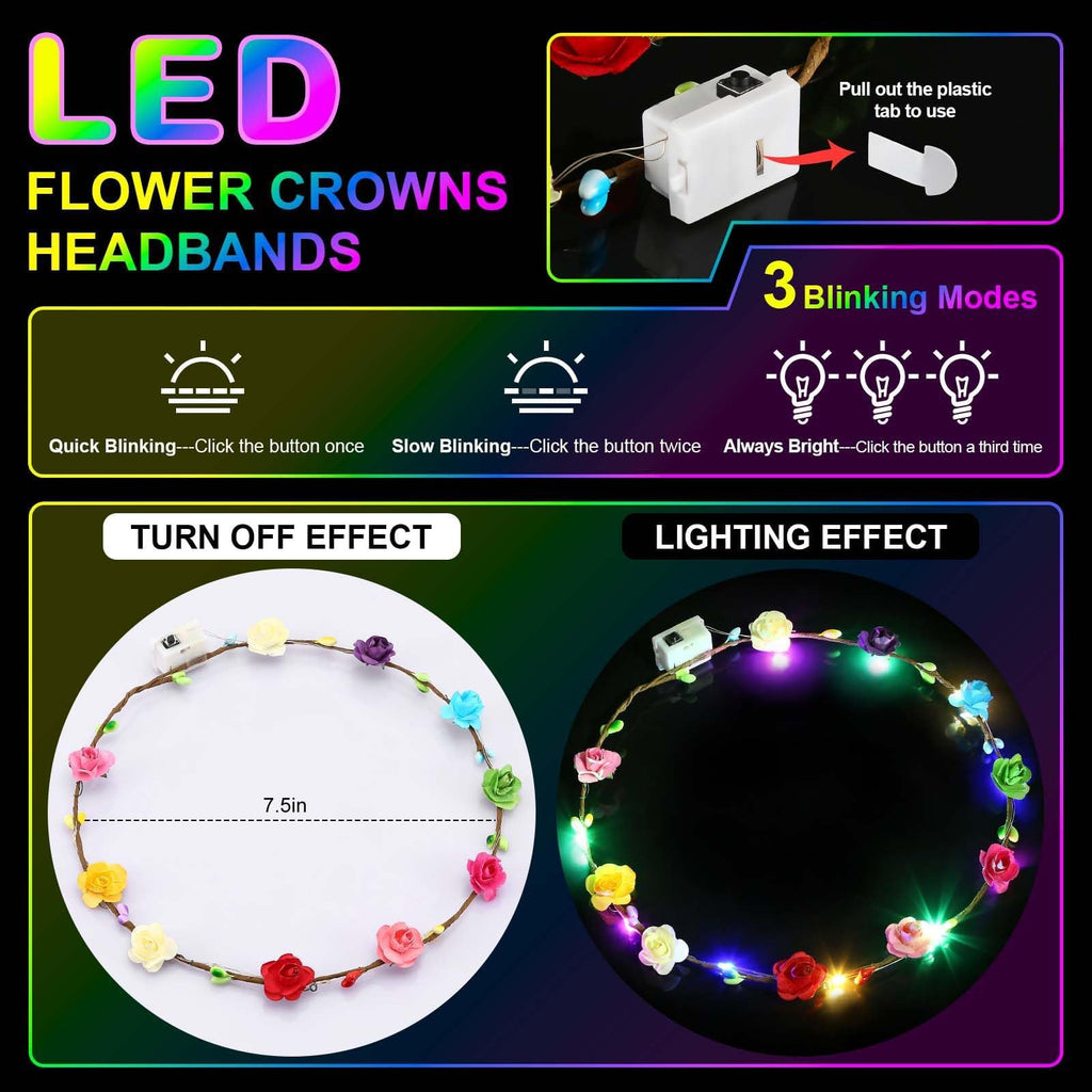 HONLYNE 54 PCS LED Flower Crown Headbands, Light Up Flower Crowns For Women, Glow in the Dark Headband for Wedding Reception Mardi Gras Cosplay Princess Party Favors Birthday Christmas Halloween