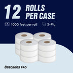 Cascades PRO Select Jumbo Roll Premium Bath Tissue 2-Ply - Suitable for universal dispensers -Toilet Paper is Septic Tank Safe, Certified, Recycled - 1000' length/Roll, 12 Rolls/Box - B140 - White