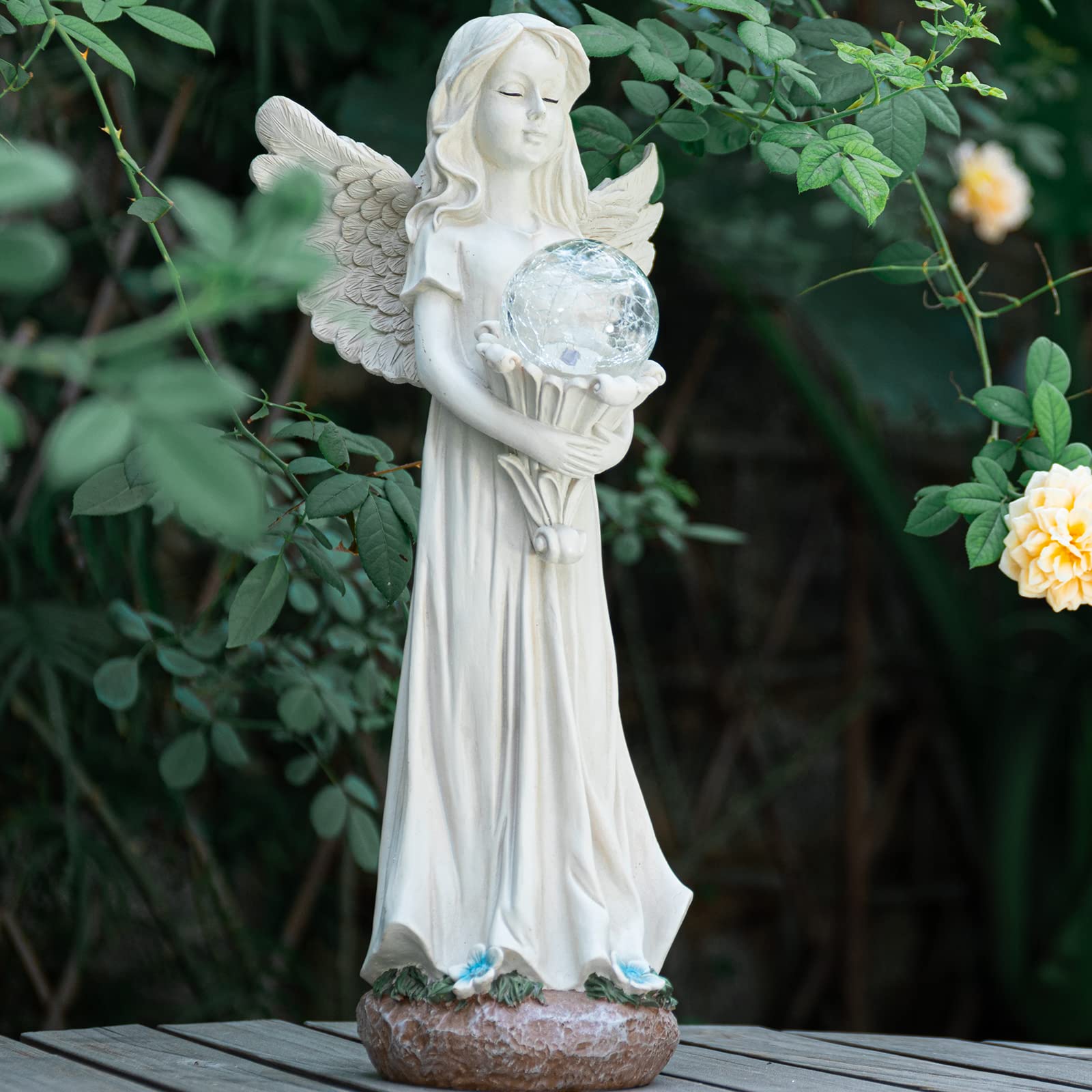 Garden Angels Outdoor Statue, Solar Angel with Crackled Glass Globe