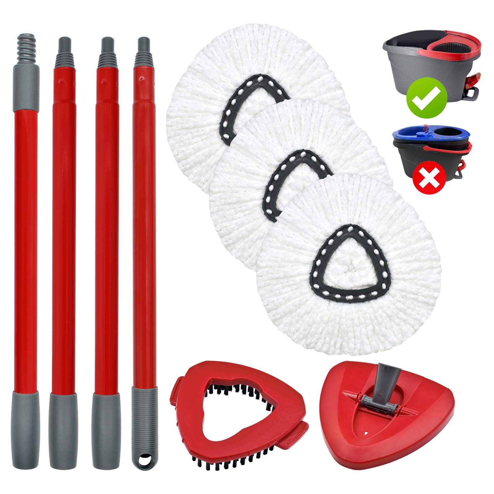 Mop Handle Mop Replace Heads and Mop Base Brush Replacement for O Cedar EasyWring 1-Tank System Include 3 Spin Mop Replacement Head, 4-Section Mop Handles, 1 Base and 1 Scrub Brush Combo