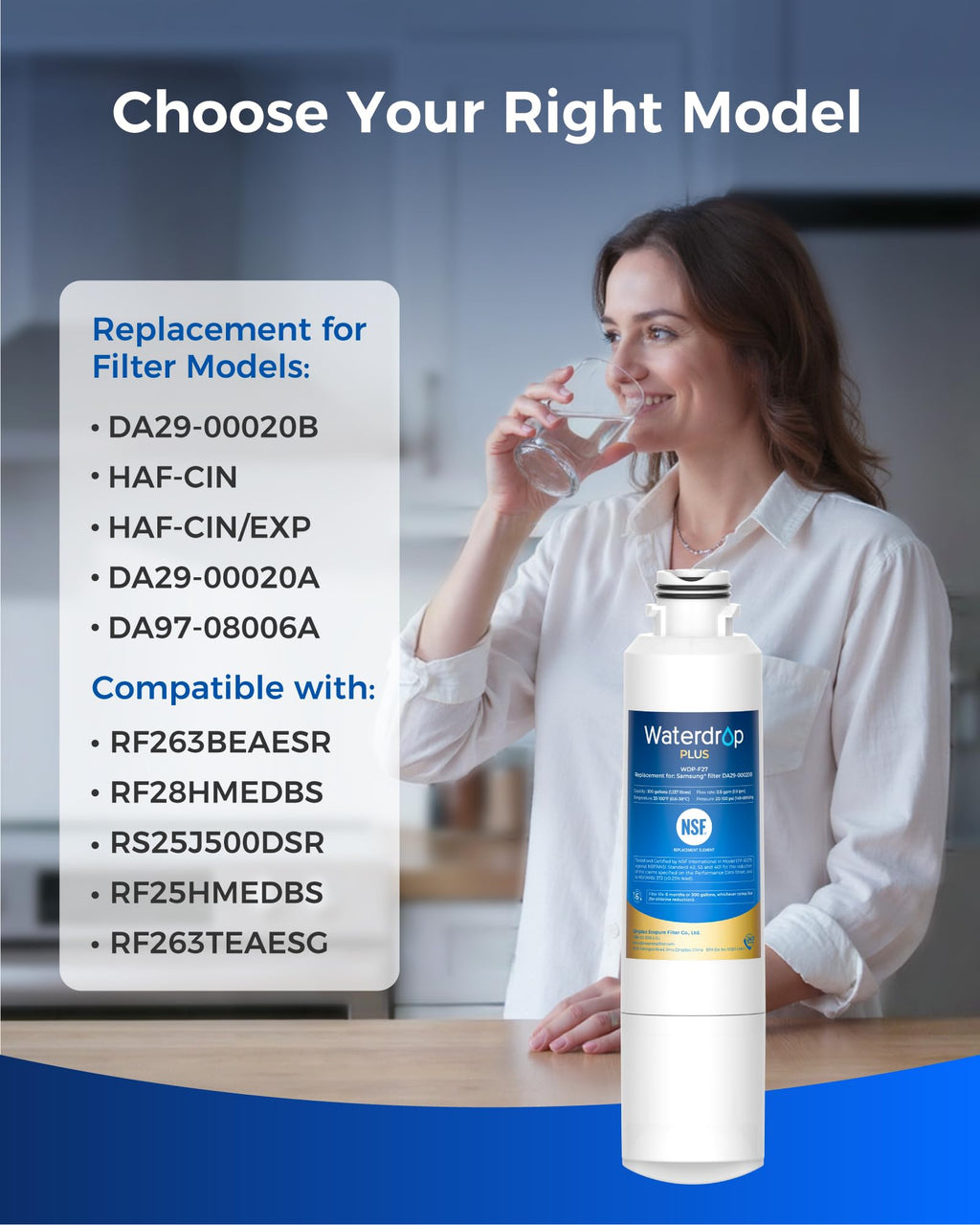 Waterdrop Plus WDP-F27 NSF 401 Certified Refrigerator Water Filter, Reduce PFOA/PFOS, Replacement for Samsung® DA29-00020B Water Filter HAF-CIN, HDX FMS-2, RF28HMEDBSR