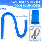 Poolvio 1.5" x 59" Above Ground Pool Hoses, 3-Pack, Blue- Heavy Duty UV Resistant Leak-Proof Replacement Hoses with 6 Metal Thumb Clamps, Perfectly Fits Intex Filter Pumps & Pool Surface Skimmers