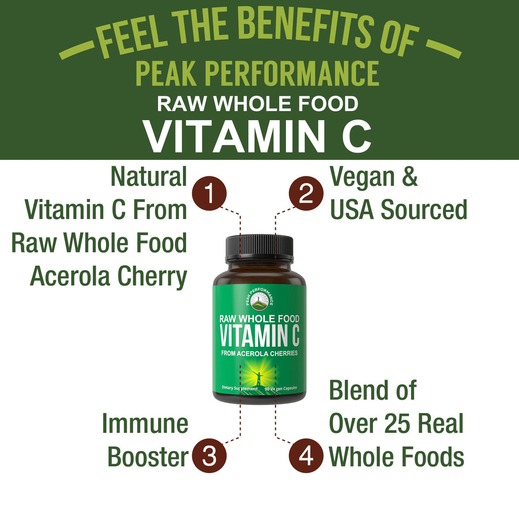 Peak Performance Raw Whole Food Natural Vitamin C Capsules from Acerola Cherry for Max Absorption. Vegan USA Sourced Vitamin C Supplement 90 Pills. 500 mg Serving or 2 Servings 1000mg