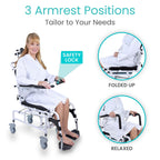 Vive Reclining Shower Chair with Wheels - Commode Wheelchair for Seniors, Disabled & Handicap - Padded Transfer Rolling Chairs w/Arms - Portable, Waterproof Shower Chair - Reclines for Easy Hair Wash