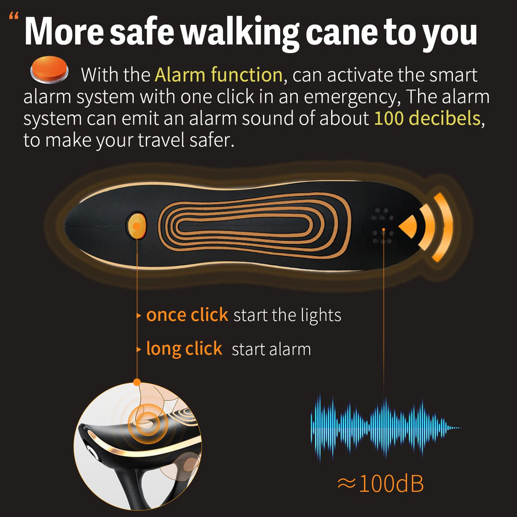 ispuoocti Smart Alarm Walking Cane for Men & Women, Telescopic and Adjustable Walking Sticks for Seniors, USB Direct Charge, with LED Light, One Cane for Three Purposes, Light and Stable (Black)