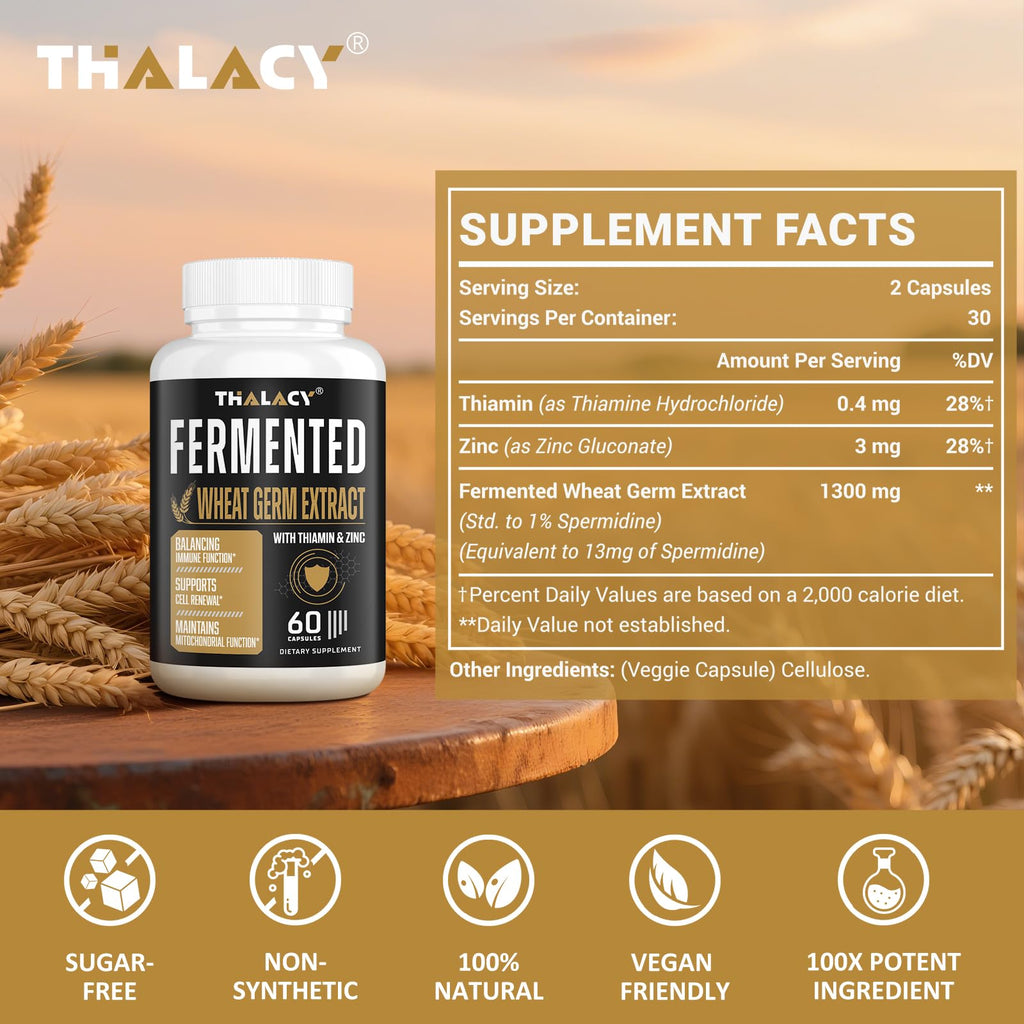 Thalacy Spermidine Supplements 13mg - 1300mg Wheat Germ Extract Capsules Potent Formula with Higher Spermidine Content and Zinc for Healthy Aging, Daily Immune System and Cell Renewal, 120 Capsules