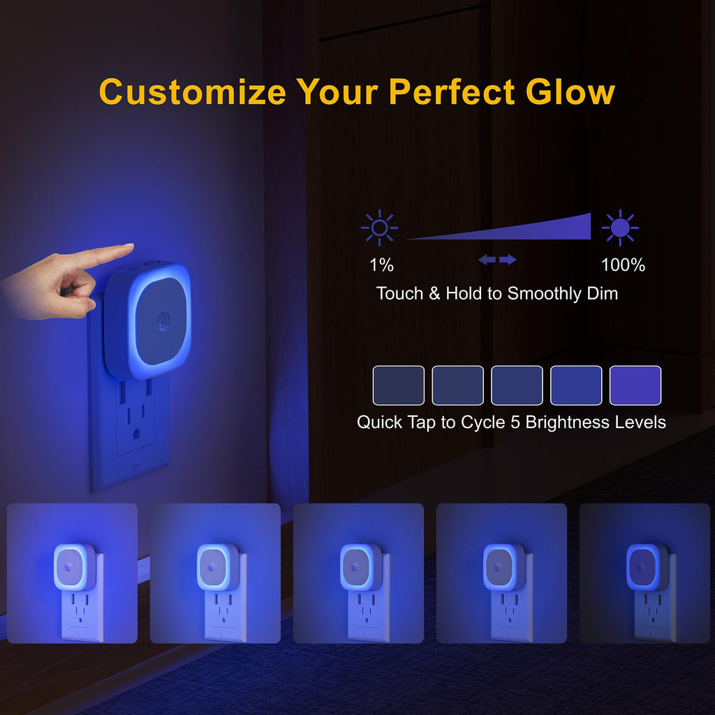 YUNLEX 2 Pack Plug in Night Light with Motion Sensor & Dusk to Dawn Sensor, 3 Sensor Modes, Blue Night Lights Plug into Wall, Dimmable Nightlight for Bathroom, Bedroom, Indoor