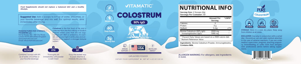 Vitamatic Bovine Colostrum Powder - 50% Highest IgG -120 Gram - Supplement for Gut Health, Hair Growth, Beauty, Muscle Recovery, & Immune Support - Easy to Mix - Unflavored - 60 Servings