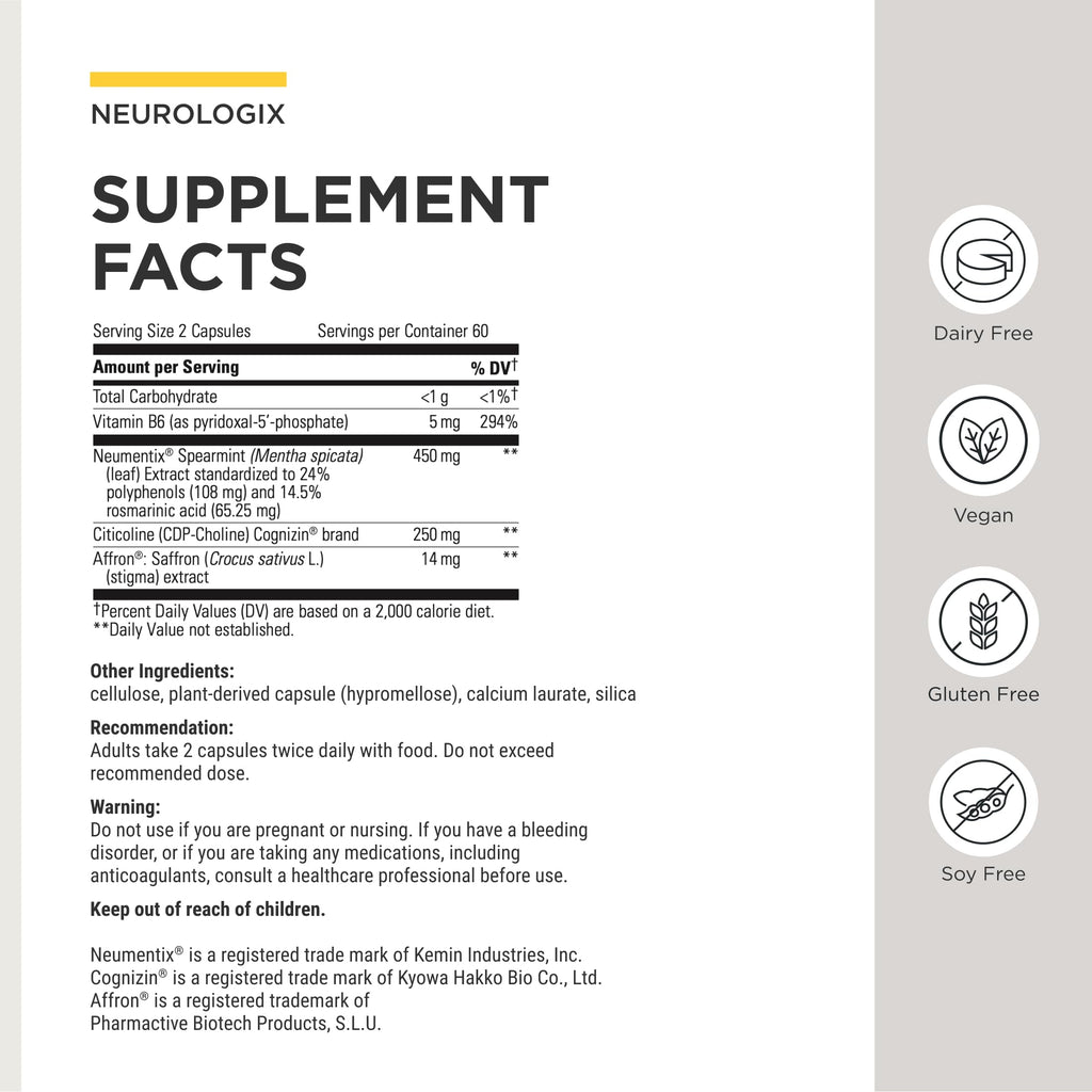 Integrative Therapeutics Neurologix - with Saffron and CDP-Choline - Nootropic Supplement for Brain Health*- Focus* - Memory Support* - Vegan, Gluten-Free & Dairy-Free - 120 Capsules (60 Servings)
