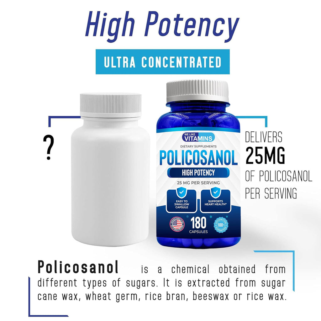 We Like Vitamins Policosanol 25mg - 180 Capsules - Policosanol Supplement Made from Natural Sugar Cane - Non-GMO and Gluten-Free